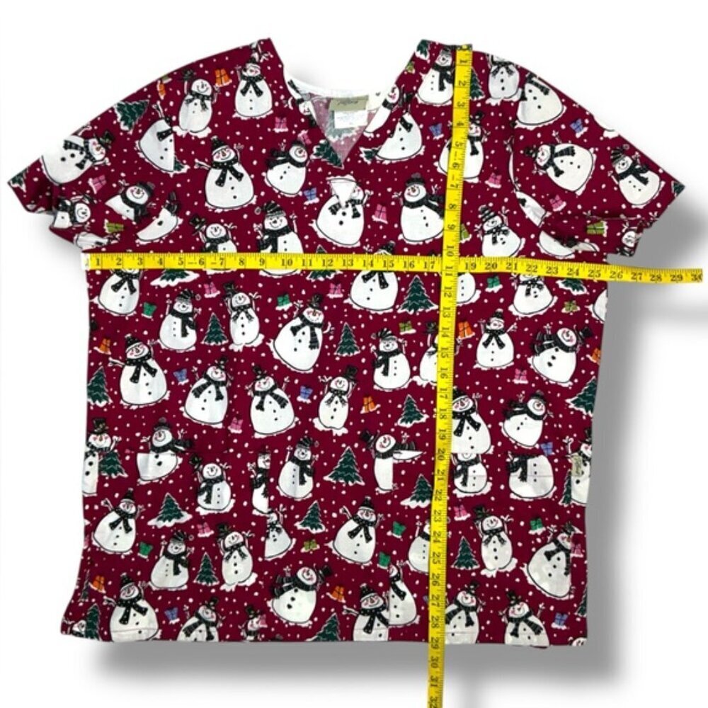 Tafford Scrub Top 100% Cotton Holiday Snowman Christmas Burgundy Red Women XL - Picture 3 of 13